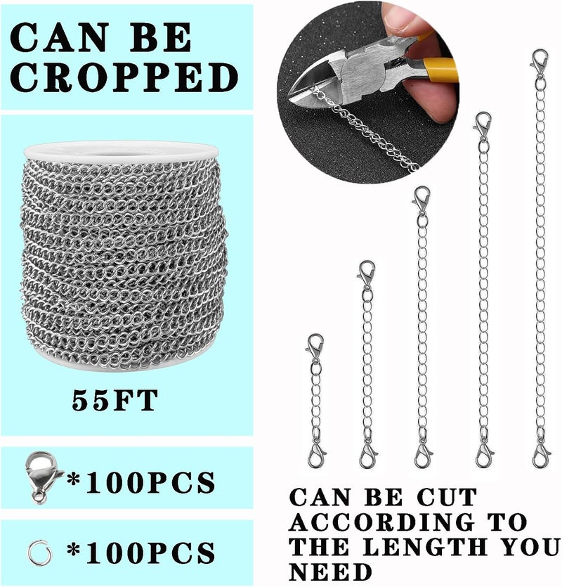 YZDTECH 55ft Silver Stainless Steel Curb Chain for Jewelry Making,Twisted Link Chains with Spool for Necklace Bracelet,100 Pcs Jump Rings and Lobster Clasps DIY Supplies for Dog Tag,Keychain(2.8x2.2x0.6mm) - Image 2